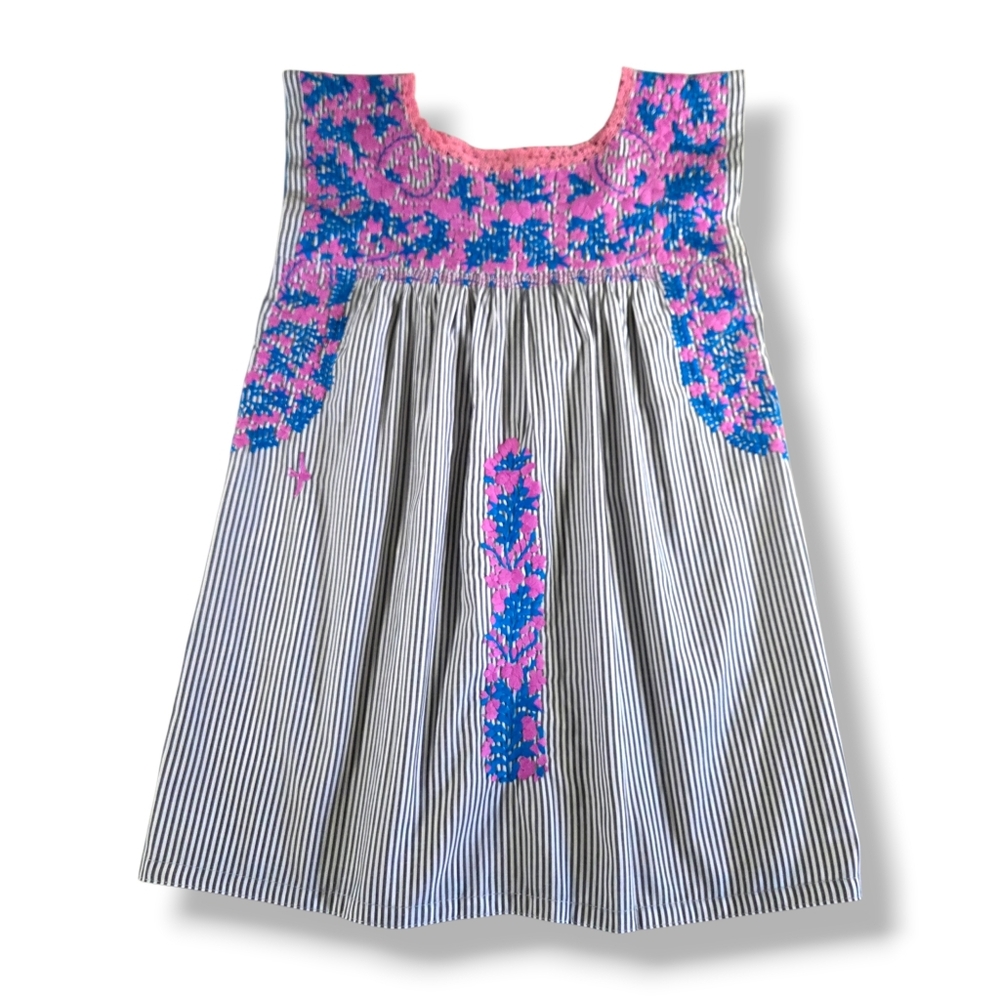 Mi Golondrina Mexico Flores Embroidered Blouse Pink Blue Striped Sleeveless S